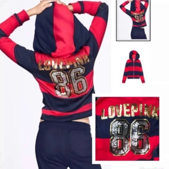 PINK Victoria's Secret Tops - PINK VS Sequin Bling Rugby Perfect Full Zip Hoodie